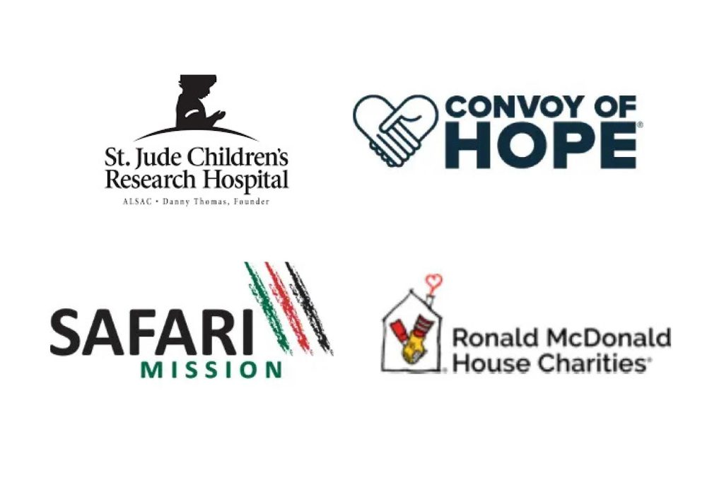 Logos for St. Jude Children's Research Hospital, Convoy of Hope, Safari Mission, and Ronald McDonald House Charities.